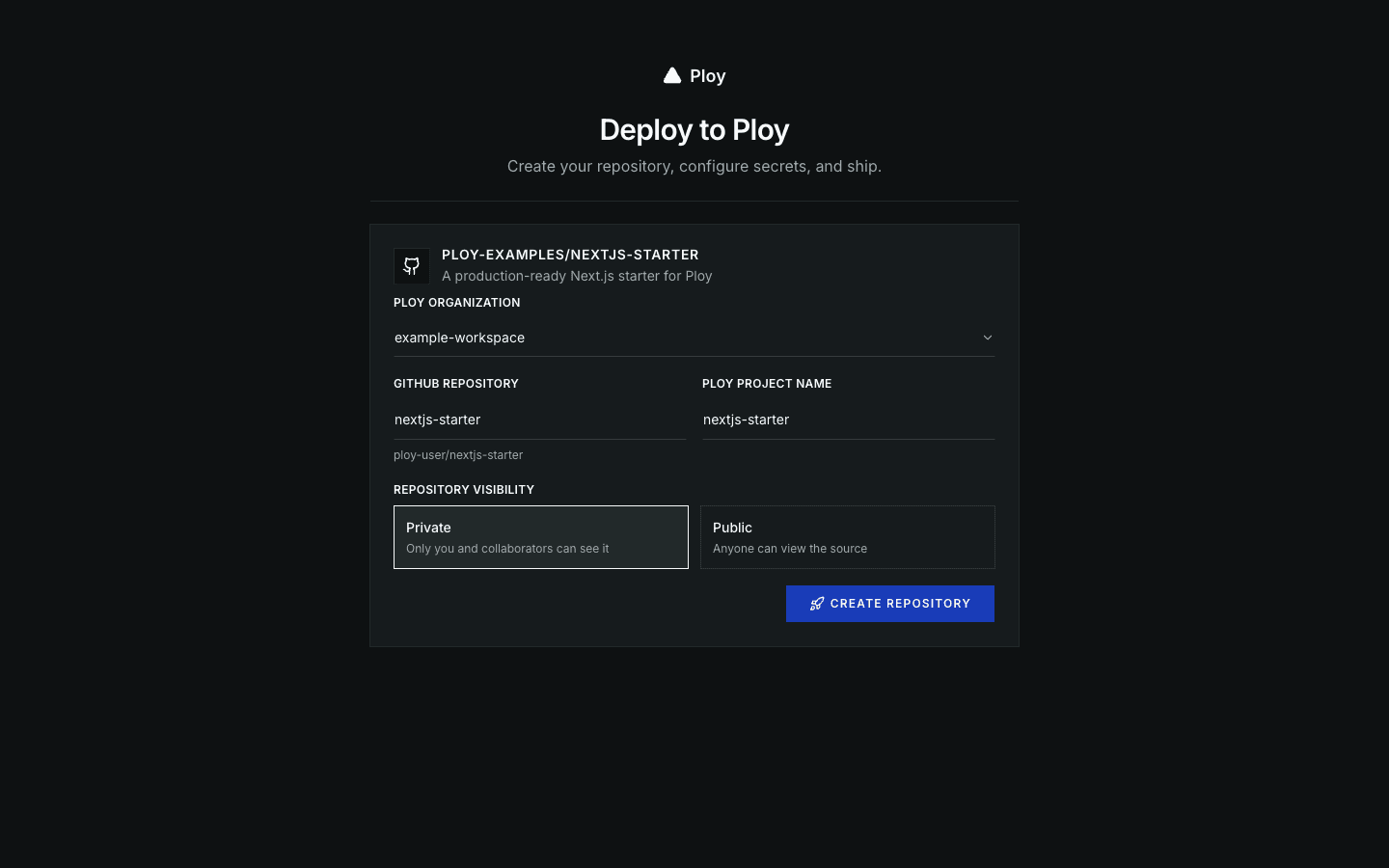 Deploy to Ploy configuration screen for a Next.js template