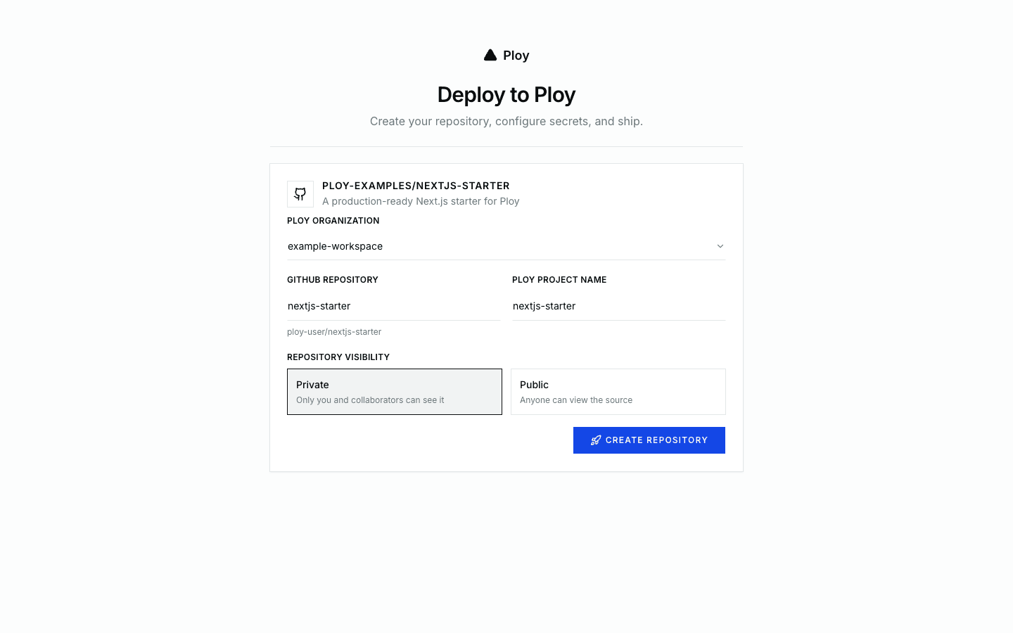 Deploy to Ploy configuration screen for a Next.js template