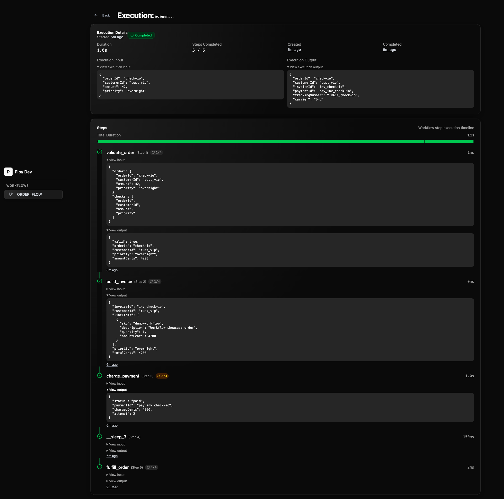 Workflow execution detail view showing execution and step inputs and outputs