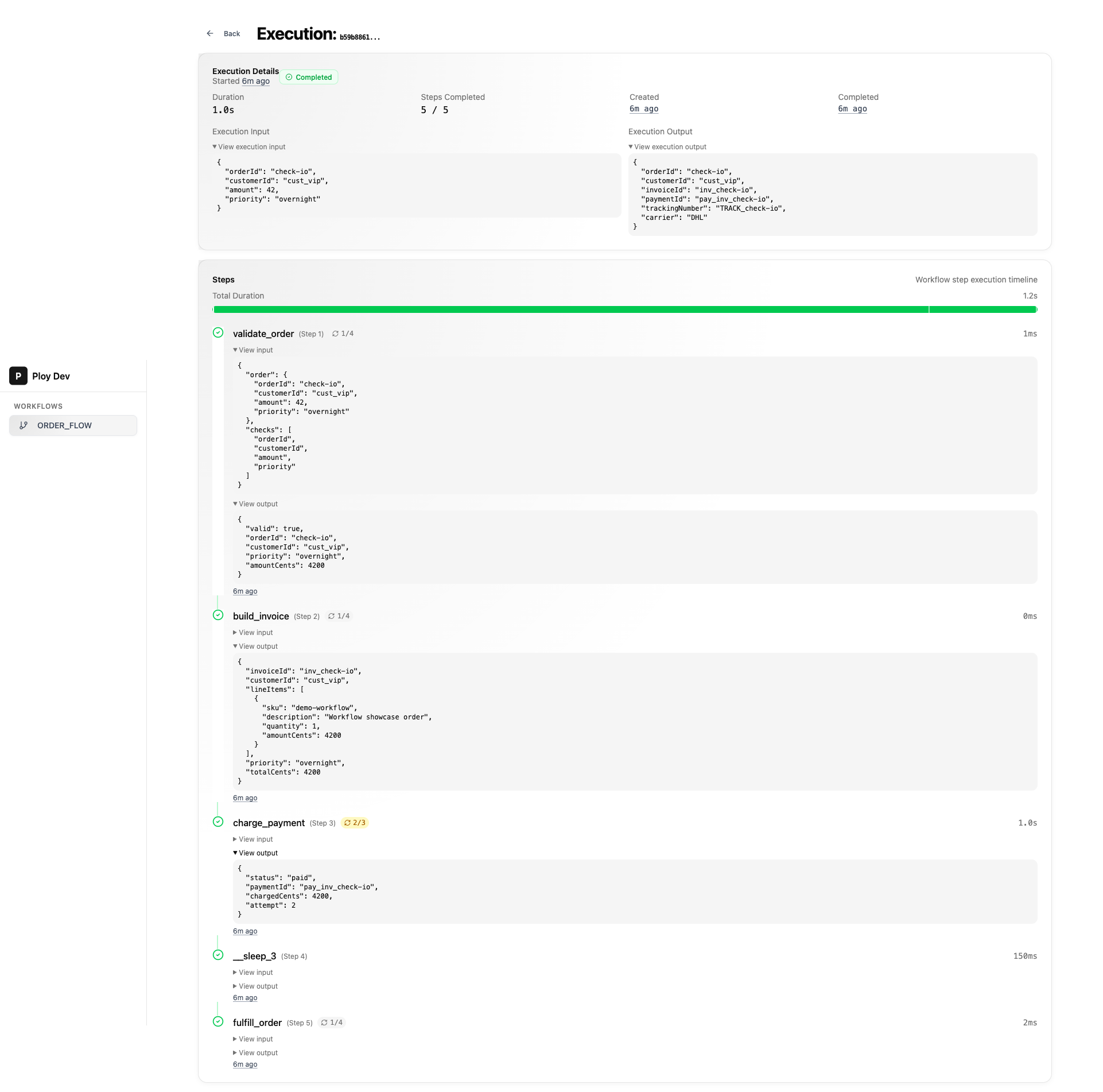 Workflow execution detail view showing execution and step inputs and outputs