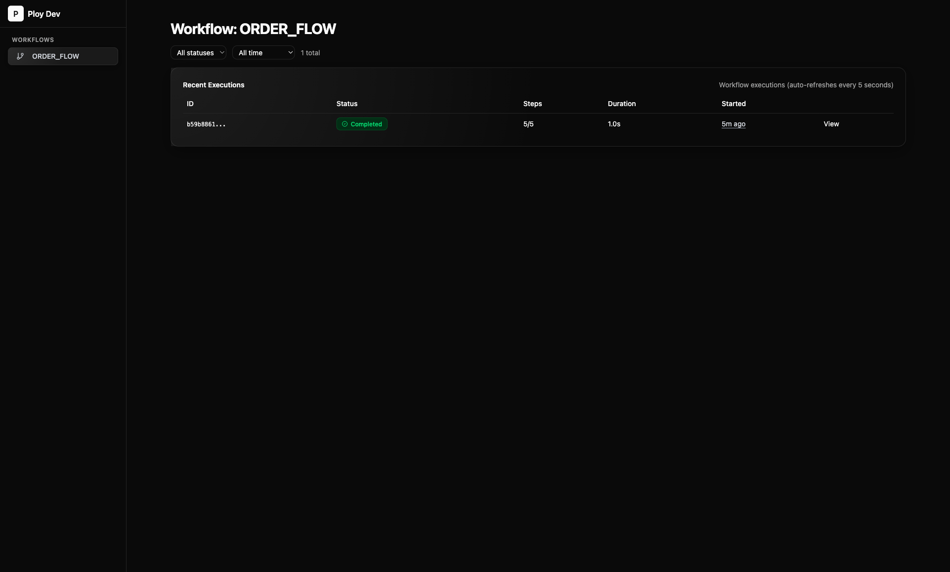 Workflow executions list in the local Ploy dashboard