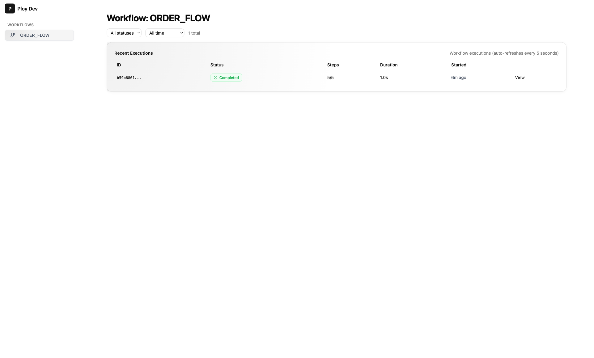 Workflow executions list in the local Ploy dashboard